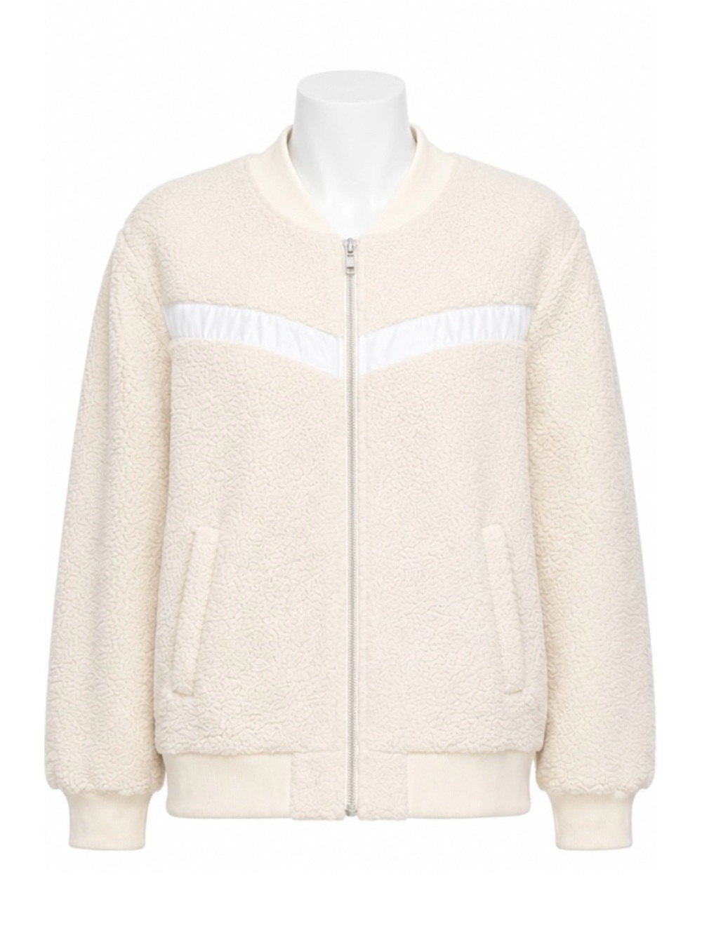 Size L Zyia Active Women’s Ivory Flying V Sherpa Teddy Fleece Bomber Jacket